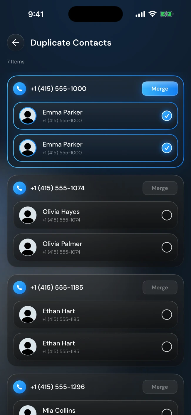 Duplicate Contacts screen with selected matching contacts and merge controls