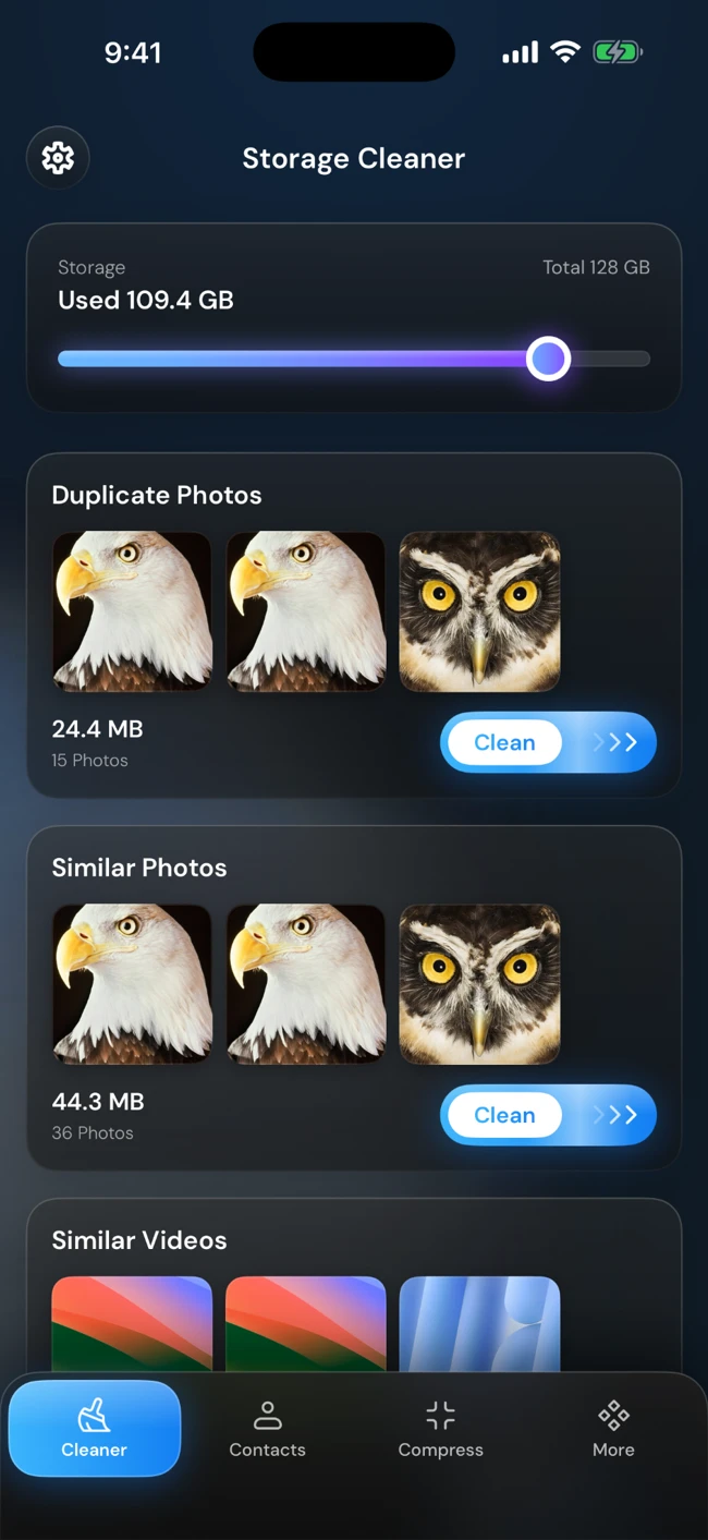 Storage Cleaner screen showing duplicate and similar photos for review